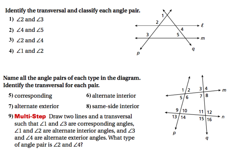 Two Parallel Lines Cut By A Transversal Worksheet Answers